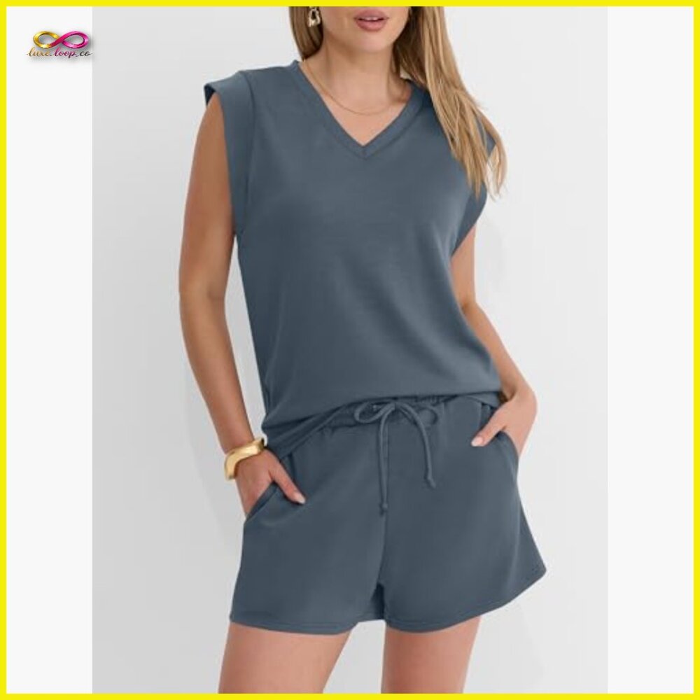 Two Piece Short Set Lounge Outfit‎ Cap Sleeve V Neck Drawstring Casual - Picture 3 of 7